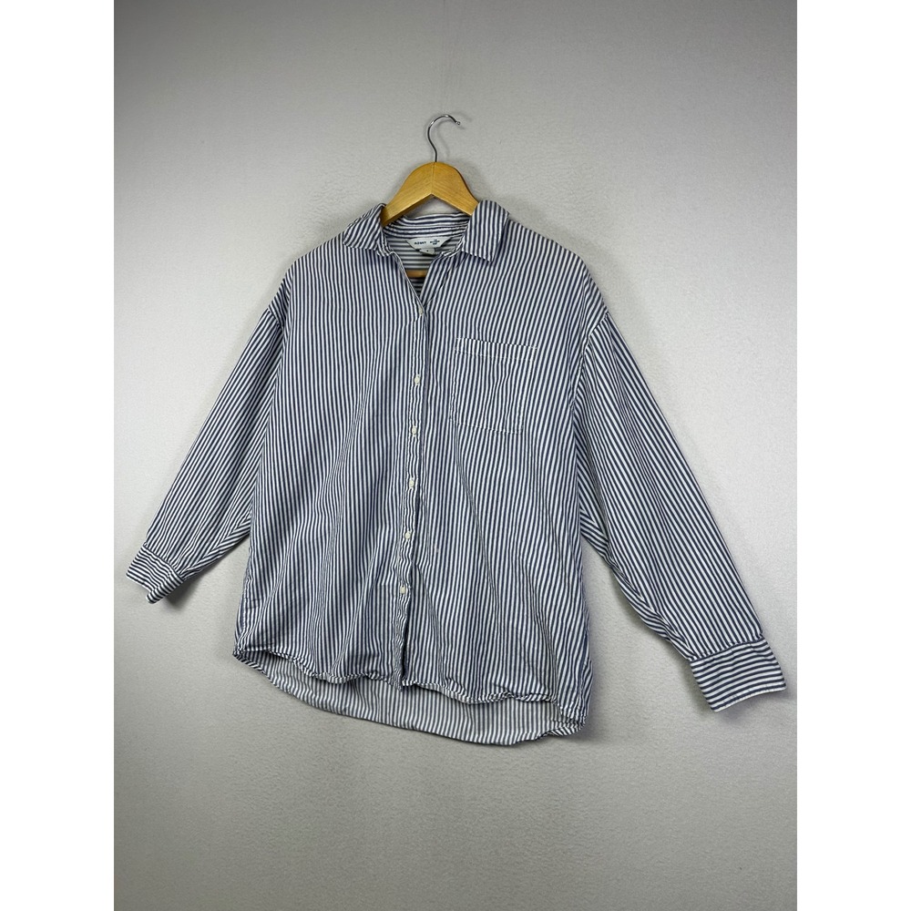 Coastal Preppy Old Navy Women S Blue White Striped Boyfriend Button Down Shirt - Picture 12 of 13